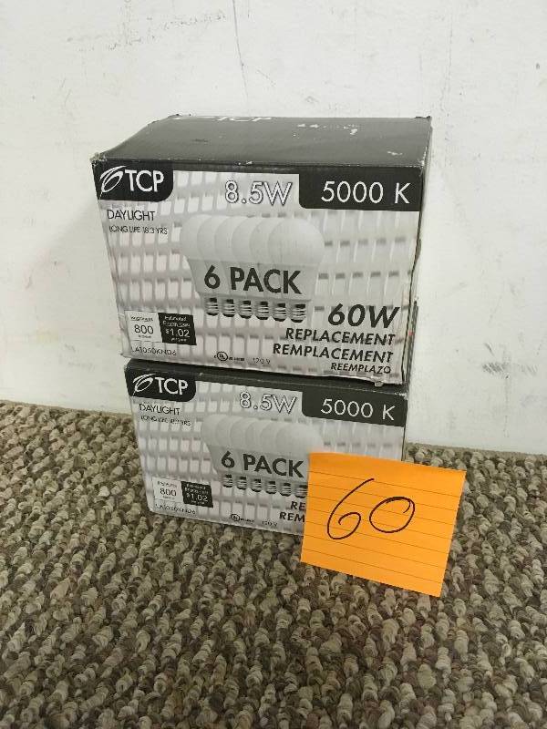 lot 60 image: TCP 10W Smooth A Lamp LED Light Bulb, Daylight 5000K, 6-Pack - Lot of 2