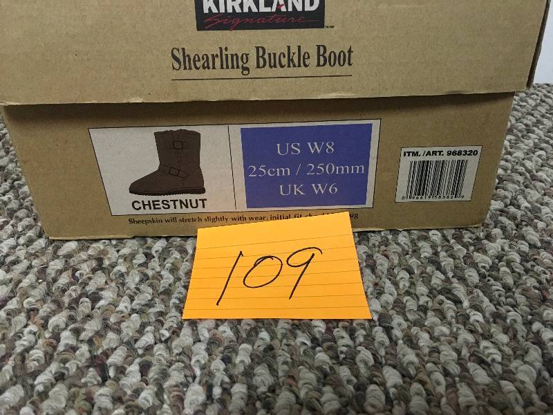 lot 109 image: Kirkland Signature Australian Shearling Buckle Boots Chestnut Womens -8 Size  open box never used