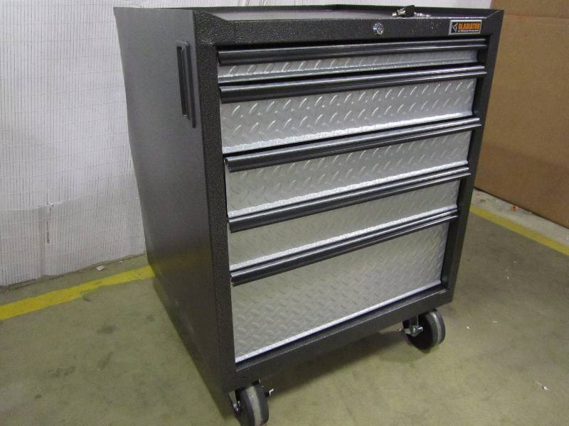 lot 7 image: Gladiator Premier Series Pre-Assembled 35 in. H x 28 in. W x 25 in. D Steel 5-Drawer Rolling Garage Cabinet in Silver Tread