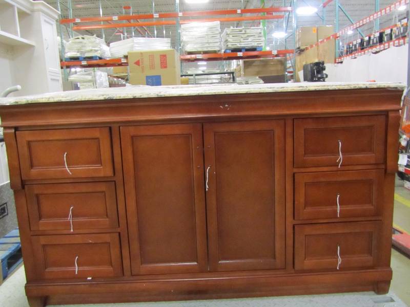 lot 19 image: Foremost Naples 61 in. W x 22 in. D Bath Vanity in Warm Cinnamon with Stone Effects Vanity Top in Santa Cecilia