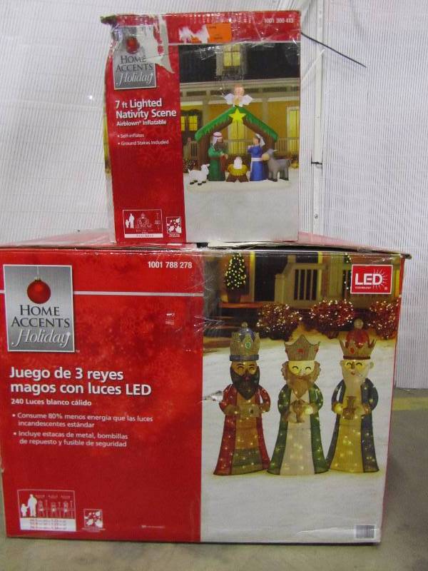 lot 43 image: Home Accents Holiday 52 in. LED Lighted 3 Wiseman (3-Piece) Home Accents Holiday 7 ft. Inflatable Nativity Scene