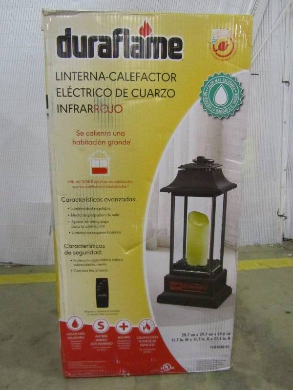 lot 67 image: Duraflame 1500-Watt 28 in. Infrared Electric Portable Heater Lantern with Remote Control and LED Flameless Candle