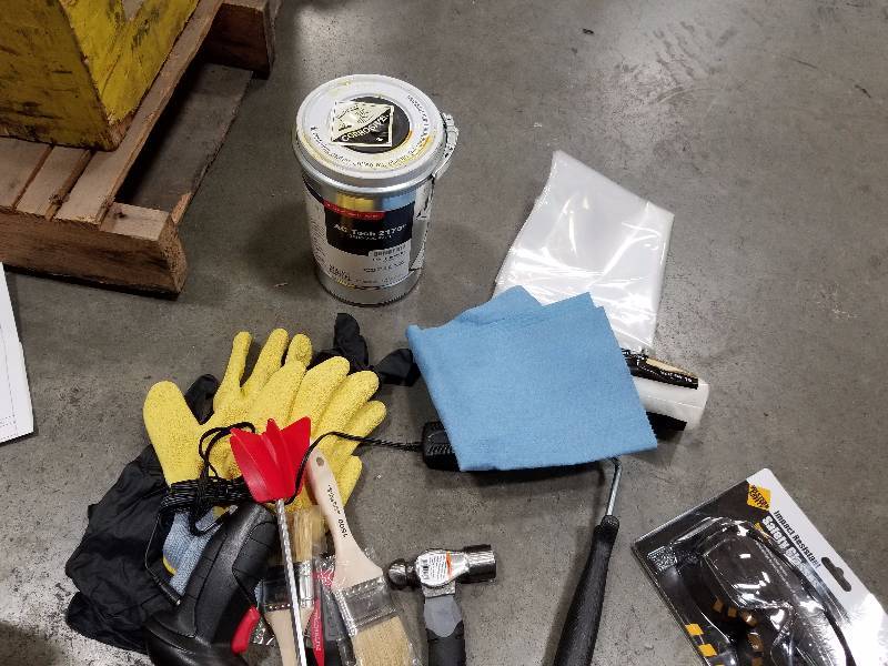 lot 68 image: Brushes, Gloves, Rollers, Hammer, Safety Glasses, Can of AC Tech 2170 Zero VOC Resin