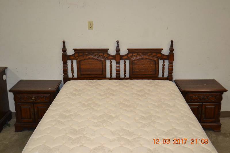lot 28 image: Headboard and frame with QUEEN Boxspring matress available in nice shape with 2 end tables