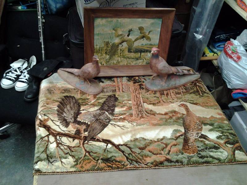 lot 19 image: Pair Of Ceramic Pheasants, 15x18 Pheasant Picture Les Kouba 1951, Pheasant Tapestry 2x3