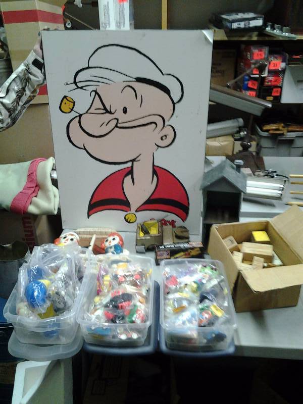 lot 39 image: Popeye Picture, Doll House With Wood Furniture, Burger King & Mcdonalds Toys