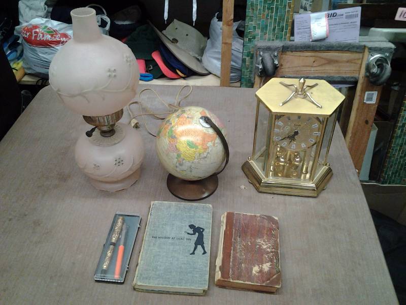 lot 23 image: Vintage Pink Glass Lamp, Anniversary Clock, Old Books, 2-Old Calligraphy Pens
