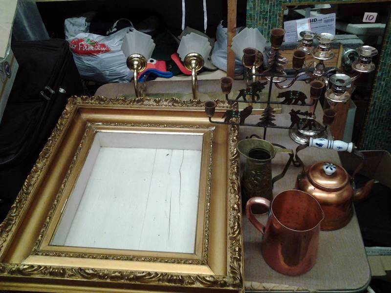 lot 27 image: Gilded Shadow Box Frame 22x25, Wall Light Fixture, 2-Candelabras, Brass & Copper Pots