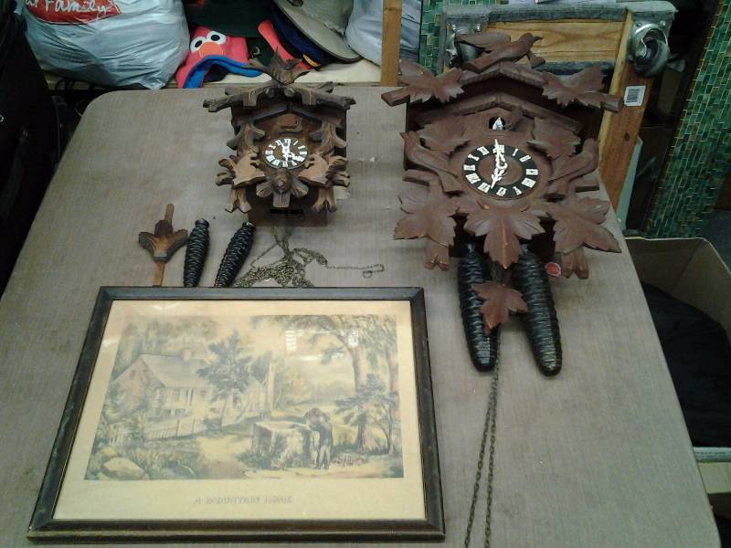 lot 29 image: Currier & Ives Mountain Home Picture, 2-Cuckoo Clocks (1-Hand Carved Germany)