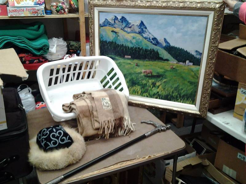 lot 30 image: Framed Painting By Heidi Poey 32x38, Alpaca Wool Blanket, Fur Hat, Unique Walking StickCane, Hamper