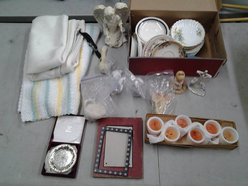 lot 45 image: China Saucers, Milk Glass Votives, Silver Plate Coasters, Angel Figurines, Misc