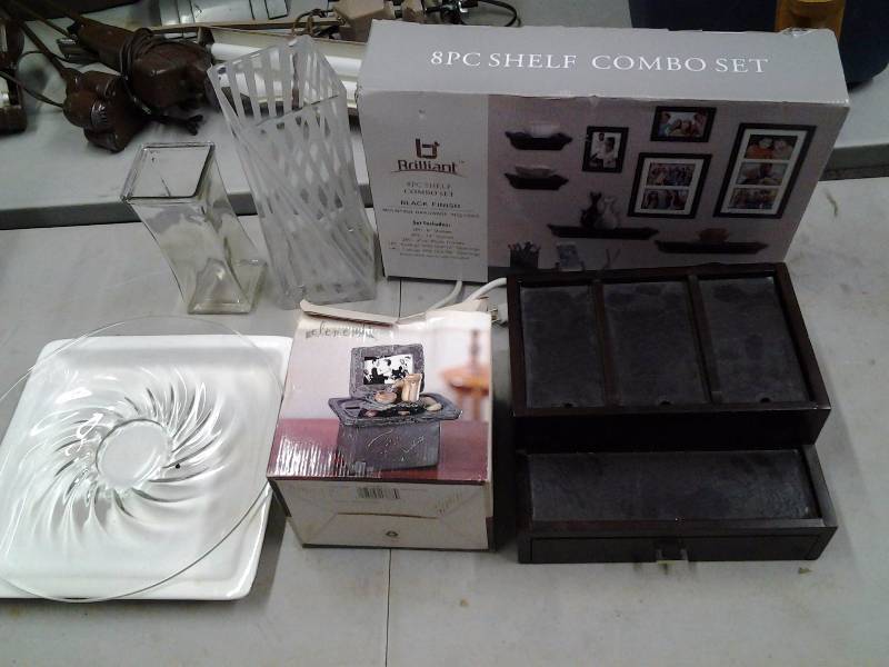 lot 48 image: Dresser Charging-StationStash Box, Wall Shelf & Frame Set, Fountain, Vases, Misc