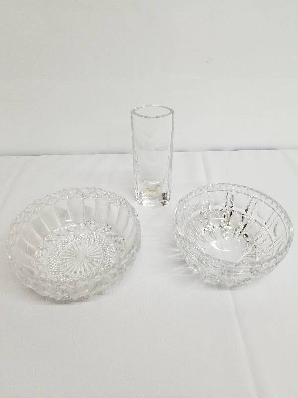 Glass bowls and crystal vase