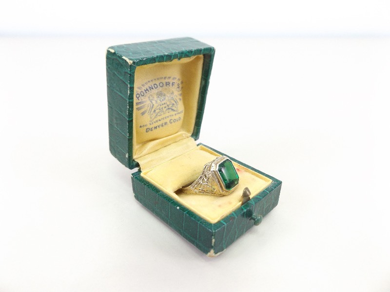Antique 14k Gold Ring with Emerald Type Stone in Original Box (2.7 grams Total Weight)