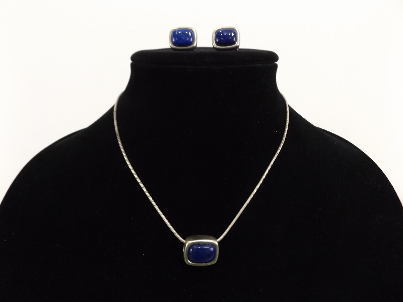 .925&nbspSterling Silver Necklace with Blue Stone Pendant and Earrings (21.0 grams Total Weight)