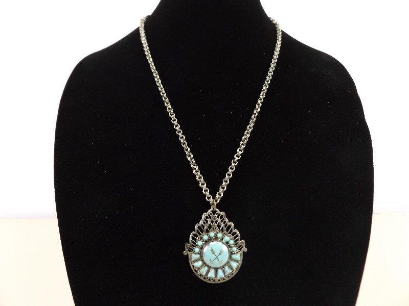 .925 Sterling Silver Necklace with Turquoise Stoned Pendant (43.2 grams Total Weight)