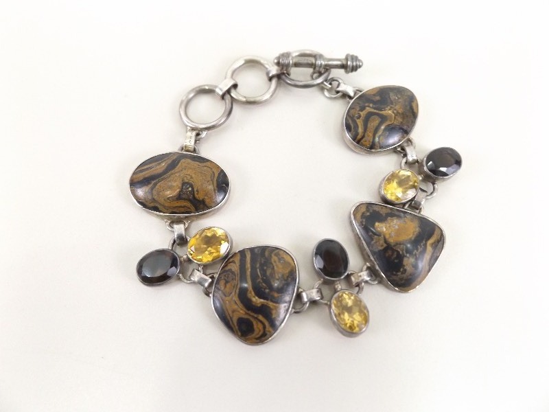 .925 Sterling Silver Bracelet with Citrine and Agate Like Gemstones (42.3 grams Total Weight)