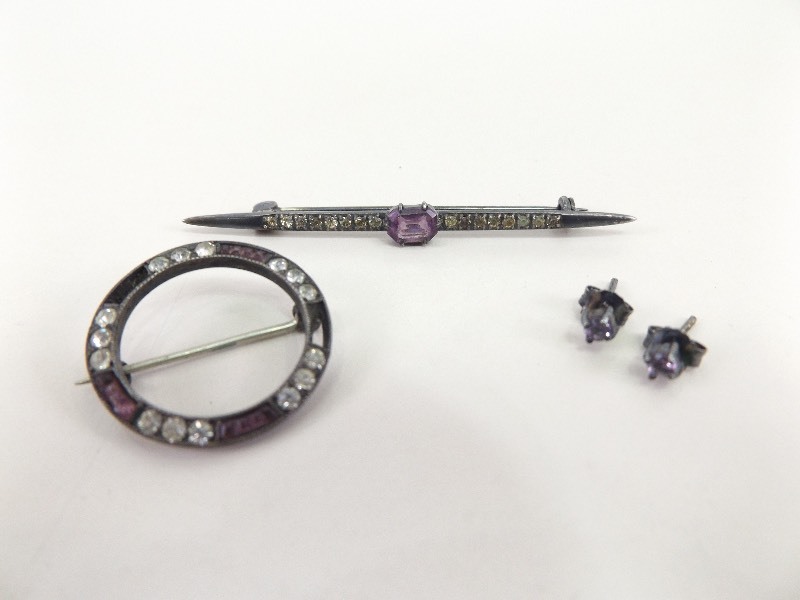 Antique .925&nbspSterling Silver Amethyst and Crystal Brooches and Earrings&nbsp(7.3 grams Total Weight)