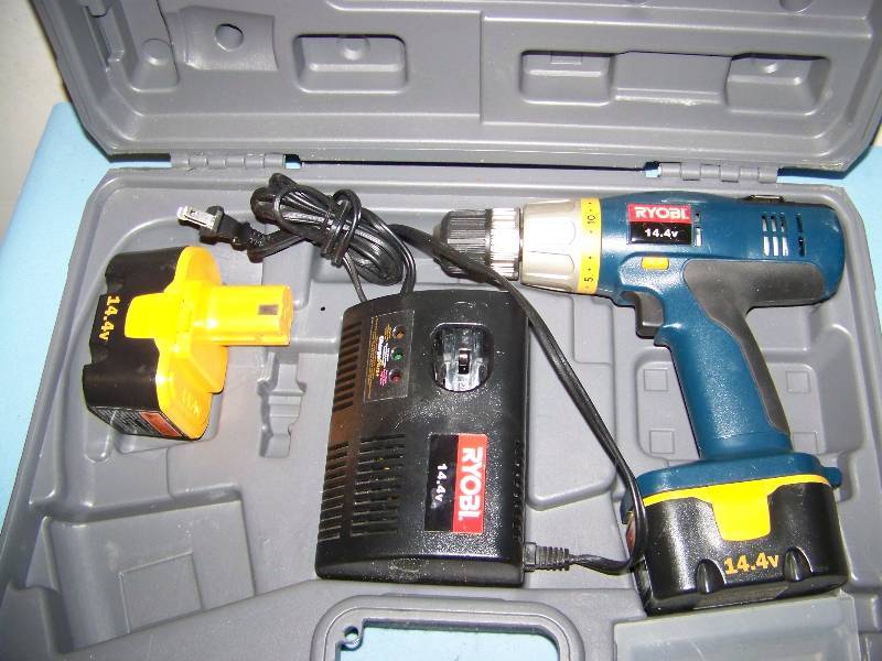 lot 99 image: Ryobi, (2) Cordless Drills, (1) Work Light, Charger and (2) Batteries in Hard-Sided Case and Soft-Sided Bag