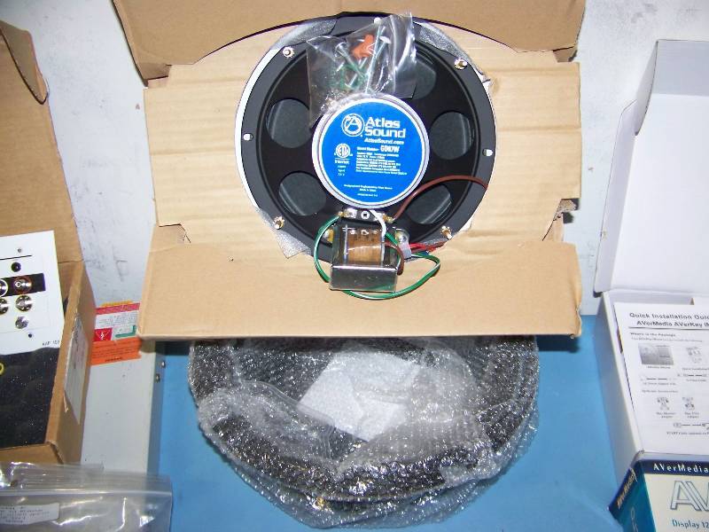 lot 80 image: Miscellaneous lot of In Ceiling Speaker w Backcan, a Wall Mount, Cables, Transfer Switch, Digital AV Receiver, Camera Mount and more