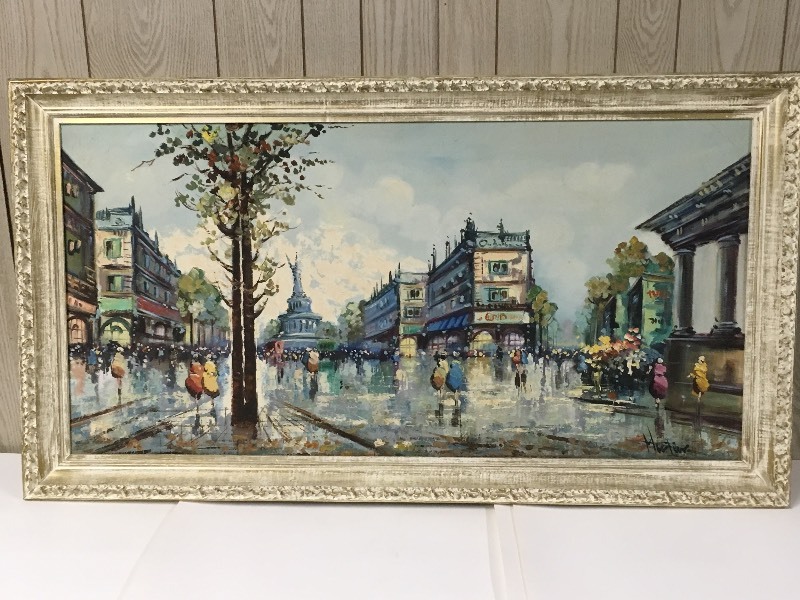 lot 1 image: Large Framed City Scene Painting