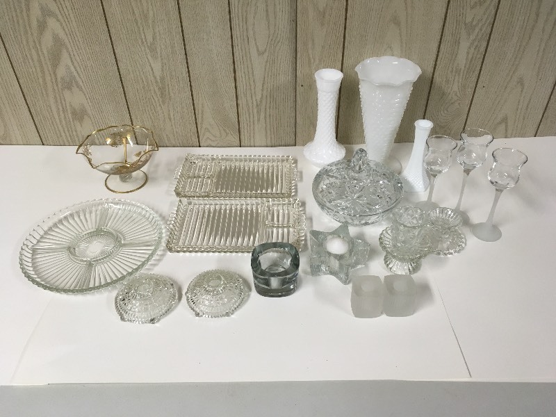 lot 66 image: Glass Candleholders, Dishes, Vases, more