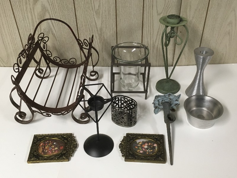 lot 69 image: Metal Basket, Candleholders, Sprinkler, Pictures