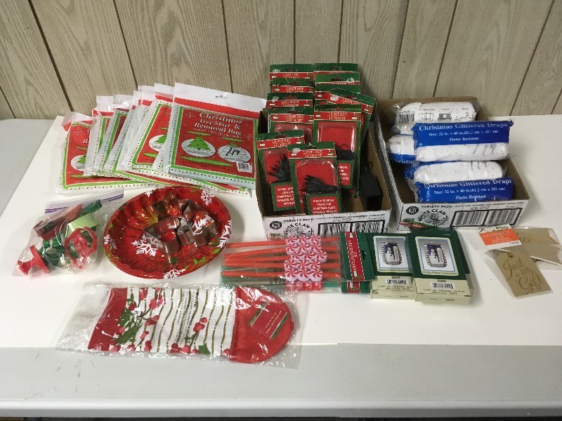 lot 64 image: Christmas Lights, Tree Bags, Glitter Drape, more