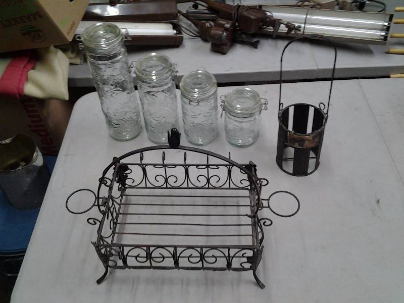 lot 22 image: Glass Canister Set, Metal Basket, Wire Bottle Caddy