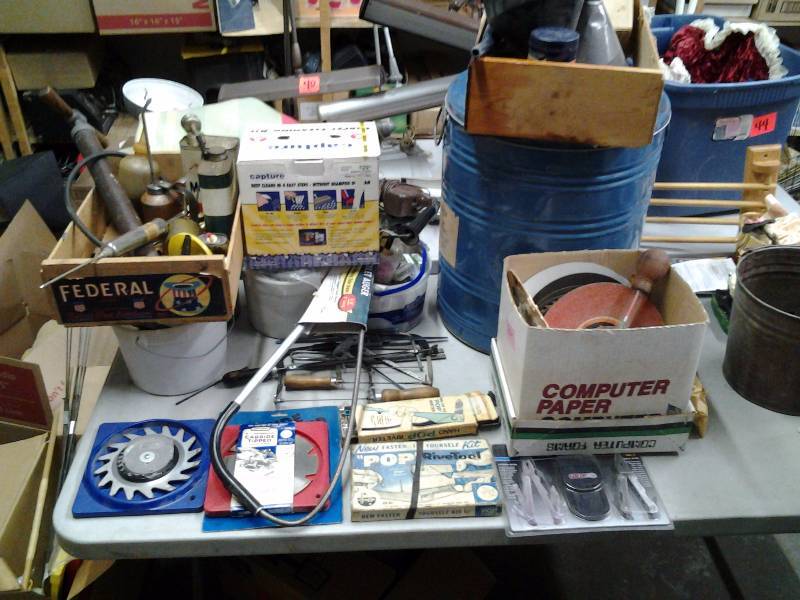 lot 24 image: Large Lot Of Tools, Hardware, Saws, Carpet Cleaning Kit, Blue Metal Barrel With Lid, Funnels, Garage Misc.