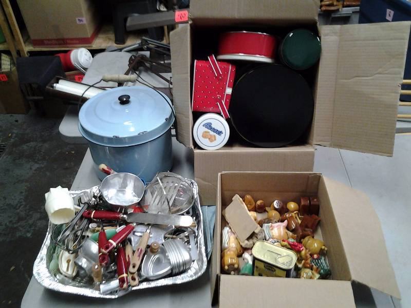 lot 36 image: Blue Enamel Pot With Lid, Box Of Tins, Assorted Utensils, Salt & Peppers