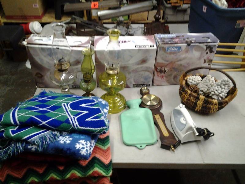 lot 37 image: 16 Piece, 3 Sets Arcopal Chloe Dishes, Oil Lamps, Blankets, Iron, Misc.