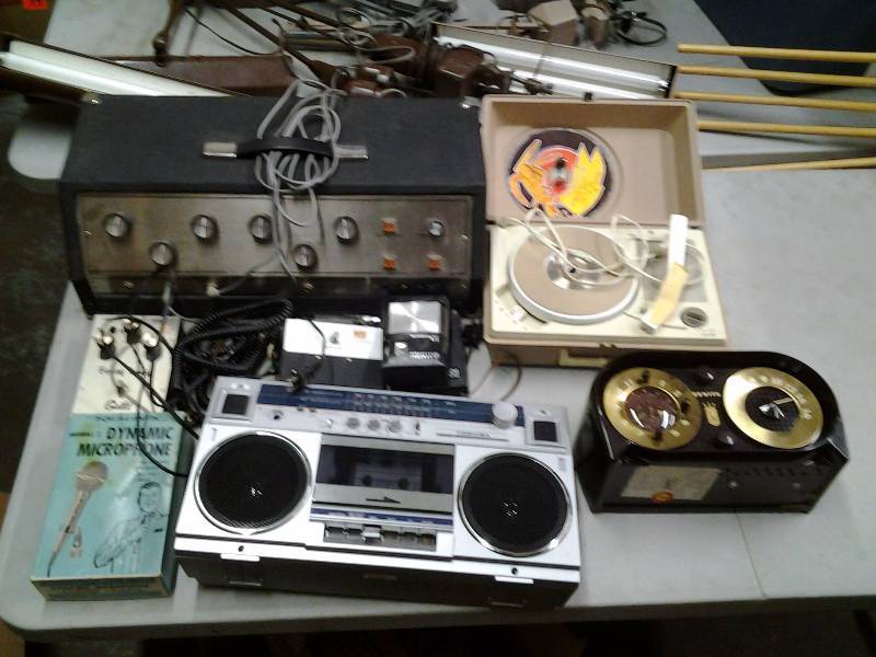 lot 38 image: Old Zenith Radio, GE Toy Turntable, Toshiba Boom Box, Old Tube Powered Amp, Micro Phone, Radio, More.