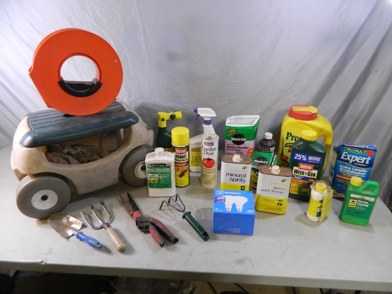 lot 52 image: Rolling Garden Stool, Assorted Garden Supplies and More