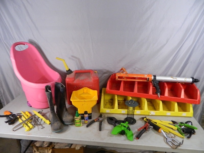 lot 65 image: Organizers, Gas Can, Garden Supplies, More