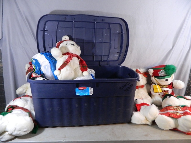 lot 129 image: Tote with Lid Full of Santa Bears