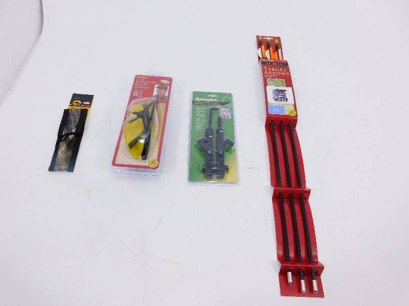 lot 50 image: Remington Compact Bow Hanger, Allen Pro Class Shooting Glasses, Allen Youth Fiberglass Arrow, 26