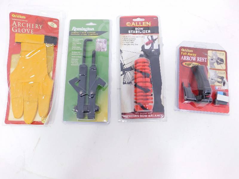 lot 51 image: Remington Compact Bow Hanger, Allen Traditional Archery Glove, Bow Stabilizer Allen Company Thin Air Fall Away Arrow Rest