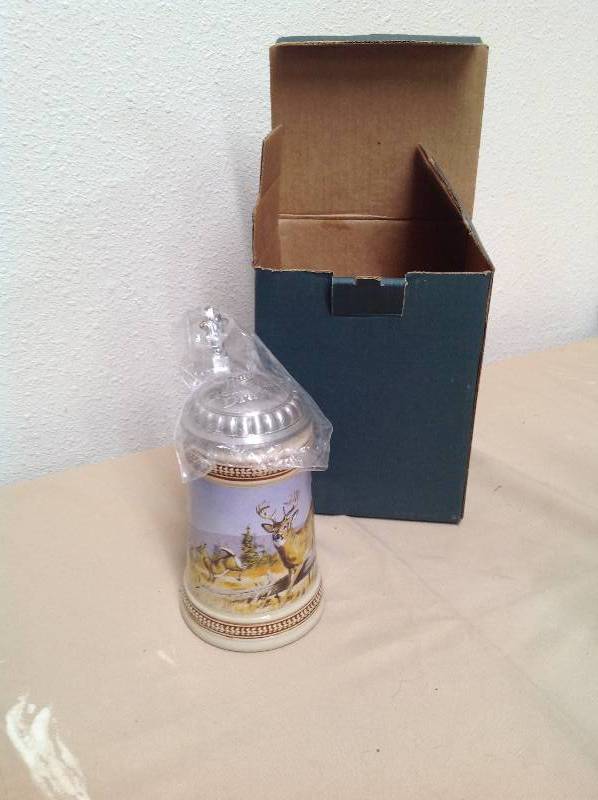 Vintage New Miller Genuine beer Stine with pewter top Wild life series deer