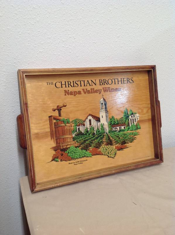Vintage Wooden Serving tray Picture Christian Brothers wine country.