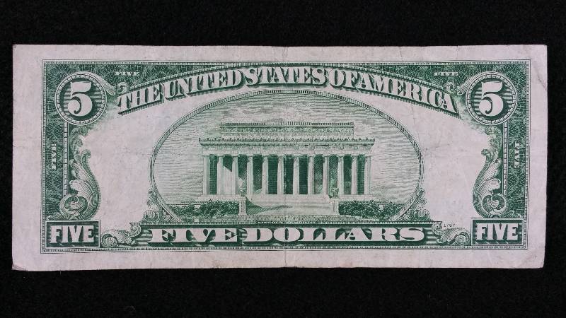lot 21 image: 1934C $5 Blue Seal Silver Certificate