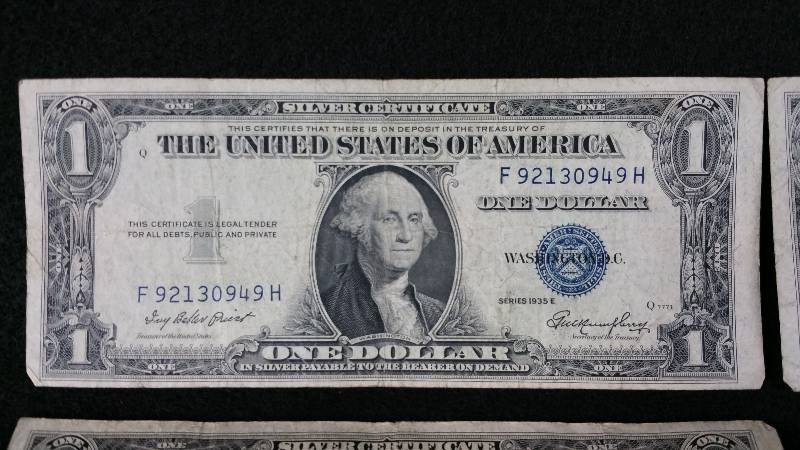 lot 42 image: (6) 1935 E, F, & G $1 Blue Seal Silver Certificates