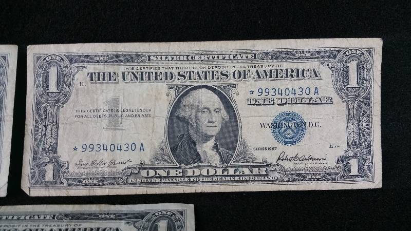 lot 45 image: (3) 1957 Plain & A $1 Blue Seal Silver Certificate Star Notes