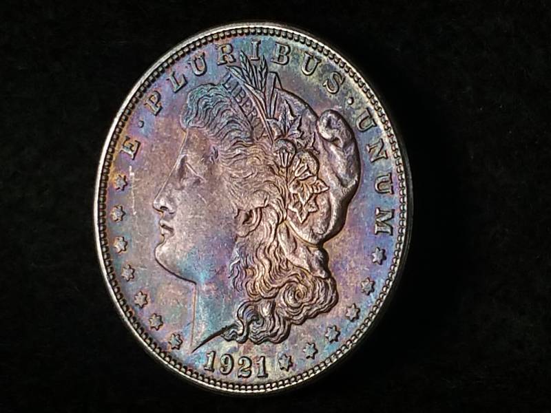 lot 64 image: 1921 S Morgan Silver Dollar - High Grade & Monster Rainbow Toning