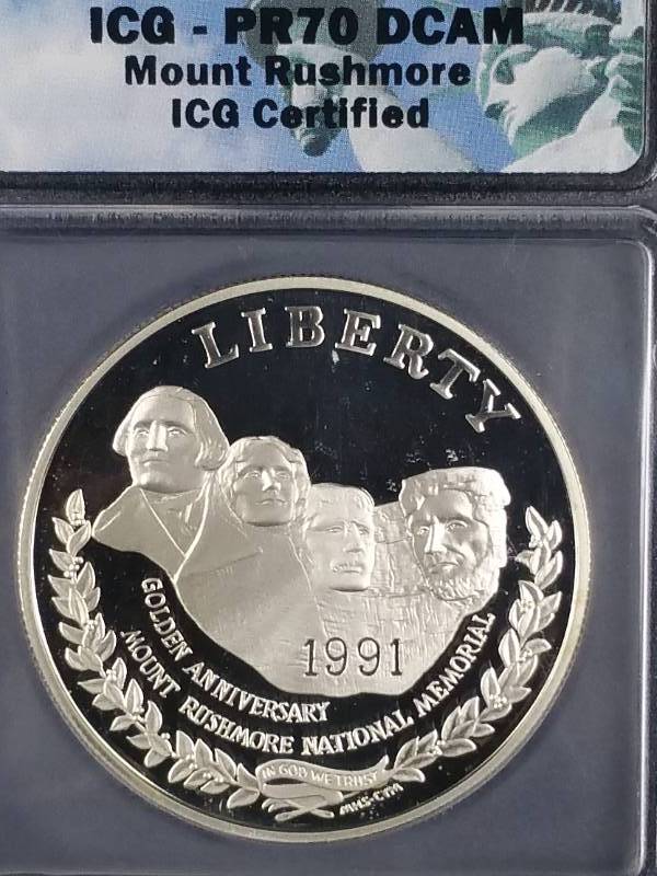 lot 66 image: 1991 S Mount Rushmore $1 Silver Dollar - PR70 DCAM