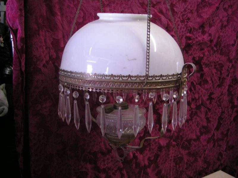 lot 39 image: Antique Brass Hanging Gas Lamp with Prisms