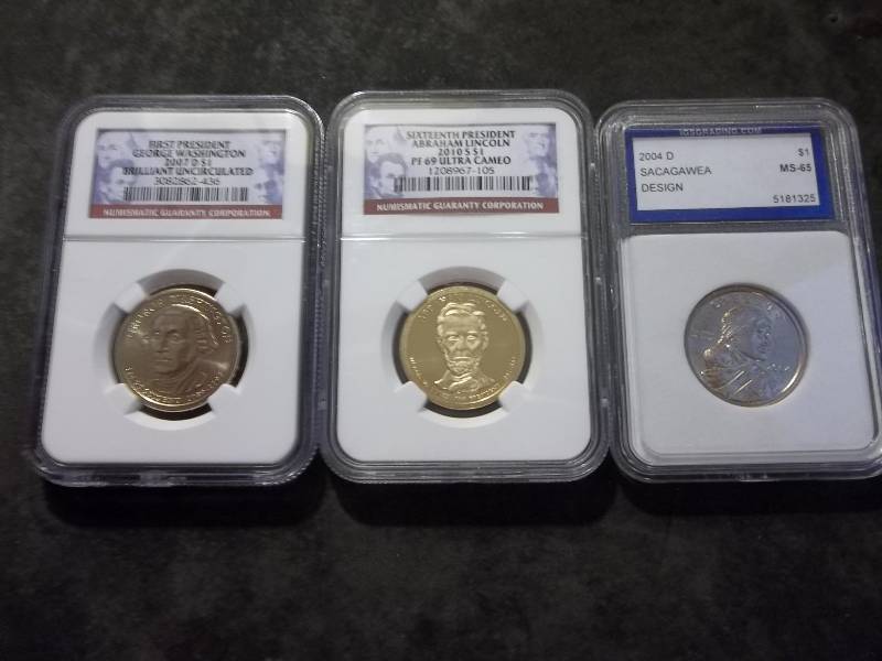 Washington Golden Dollar BU NGC Graded, Lincoln PF69 Cameo Proof NGC Graded, 2004 D Sac Dollar Graded MS65