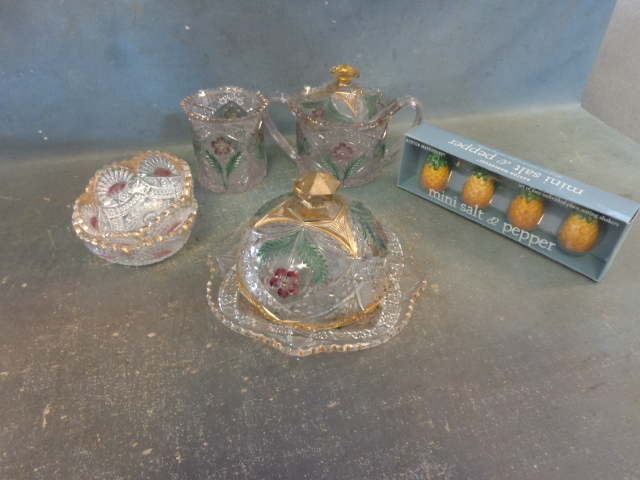 Painted Cut Glass and Salt and Pepper Shakers
