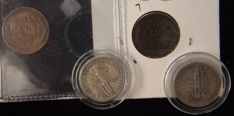 lot 28 image: 2 MERCURY DIMES IN AIRTITES AND 2 WHEAT CENTS