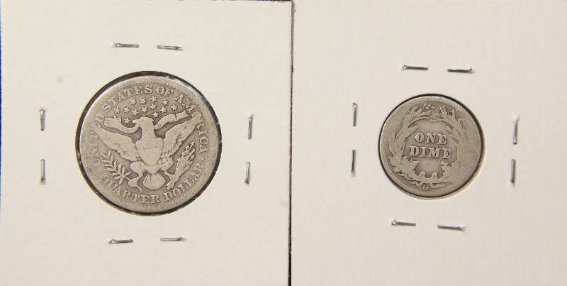 lot 60 image: 1905 BARBER QUARTER & 1903-O BARBER DIME